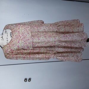 BB Dakota| Ditzy Floral Pink Print Babydoll Tiered Midi Dress Romantic Boho Sz.M